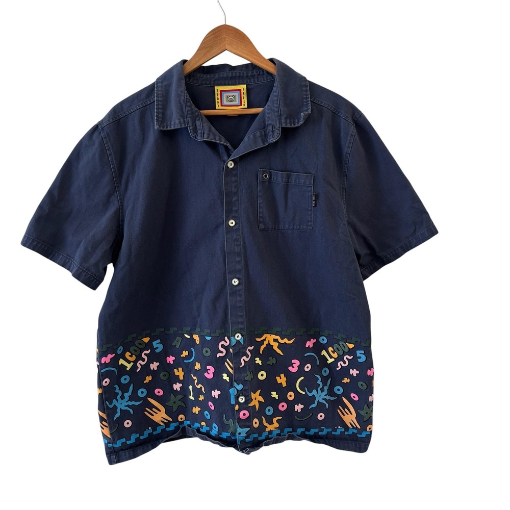 Teddy Fresh Colorblock Button Up Camp Shirt Mens XL Blue Short Sleeve Graphic